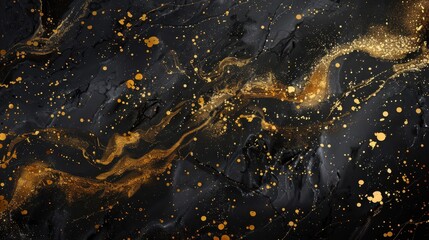 Abstract black backdrop enhanced with swirling gold patterns and sparkles, creating an elegant and...