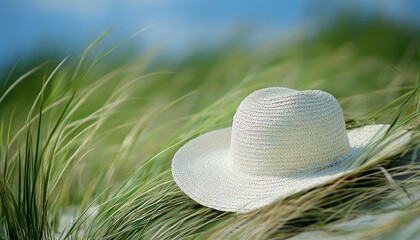 Escape to the Beach with a Sunhat and a Serene Breeze Find Tranquility and Relaxation on the Sandy Shores, Perfect for a Summer Getaway