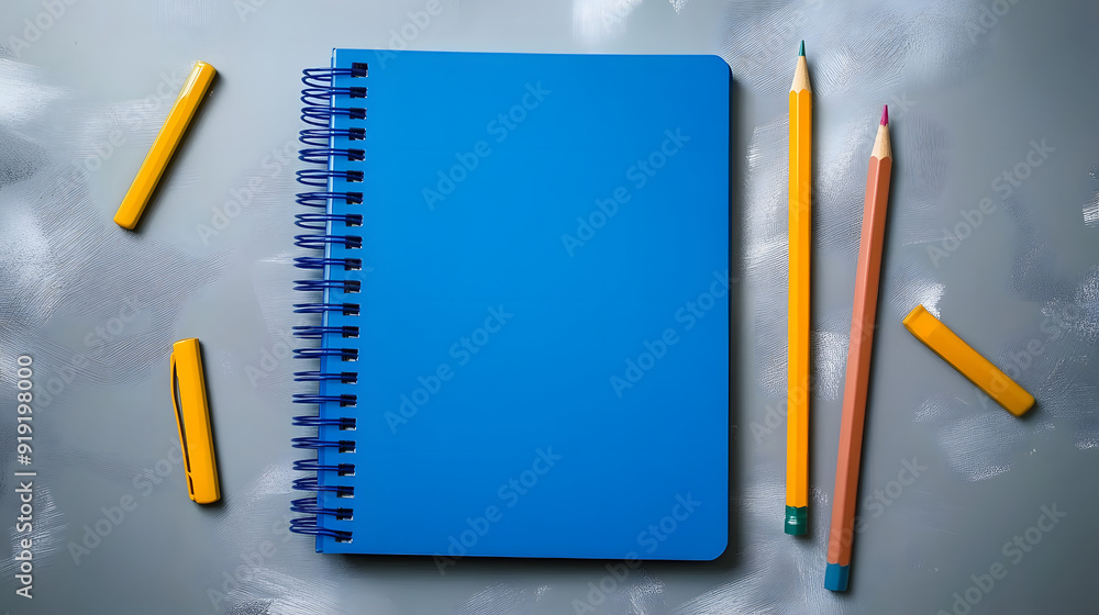 Poster top down view of open blue notebook and pencil on grey backdrop spiral bound school and office noteb