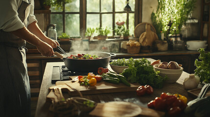 A chef preparing a meal with fresh, locally sourced ingredients in a rustic kitchen, highlighting the farm-to-table