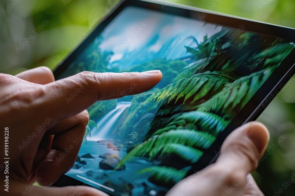 Poster a person holds a tablet displaying a serene waterfall scene, suitable for use in digital media and t