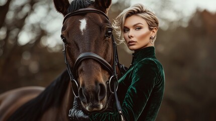 Obraz premium blonde woman with short hair, sporty figure, 37 years old, in a dark blue colored equestrian costume, black patent leather boots above the knee, imperious expression, holding a brown stallion by the
