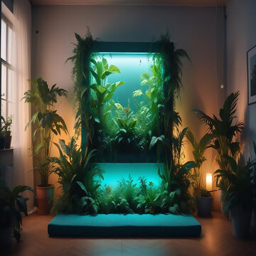 a premium room with fish pond in neon style made with generative AI