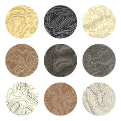 Obraz premium Colorful topographic map with contour lines. Geographic terrain grid, relief height elevation. Ground path pattern. Travel and navigation, cartography design element. Vector illustration