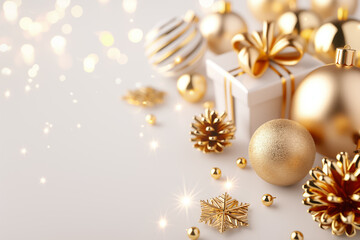 Beautiful and Elegant Golden Christmas Decor featuring a stunning Gift Box adorned with exquisite Ornaments shimmering all around
