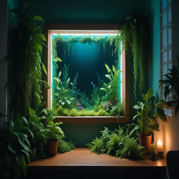 a premium room with fish pond in neon style made with generative AI