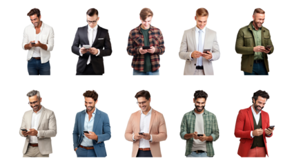 PNG diverse men using phones set, transparent background