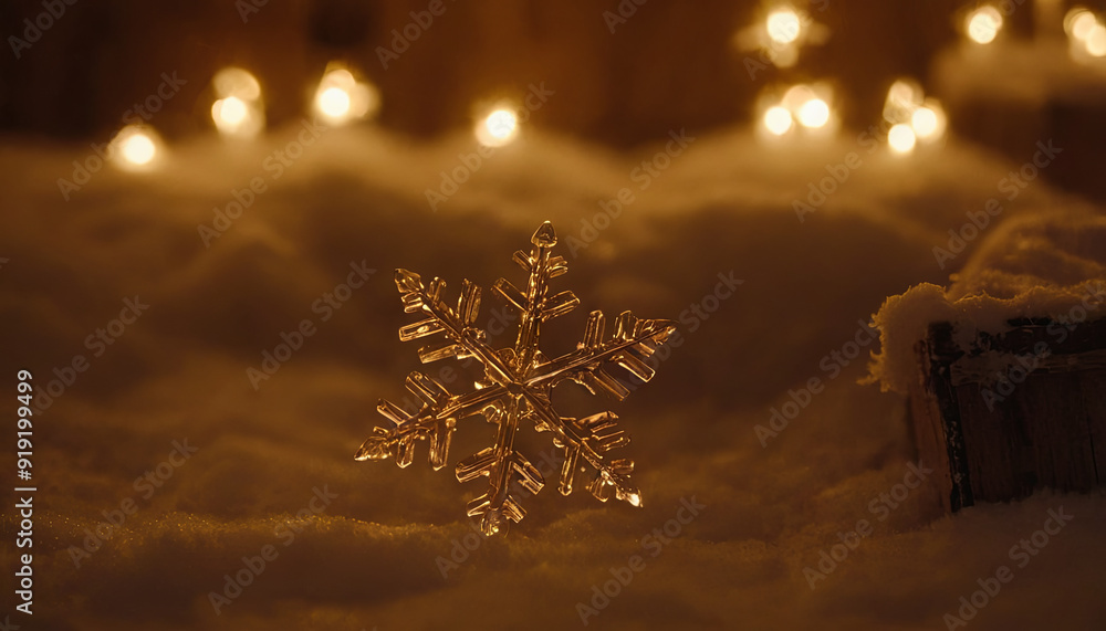 Poster a delicate snowflake sparkles on the snowy ground, surrounded by softly glowing lights, creating a c