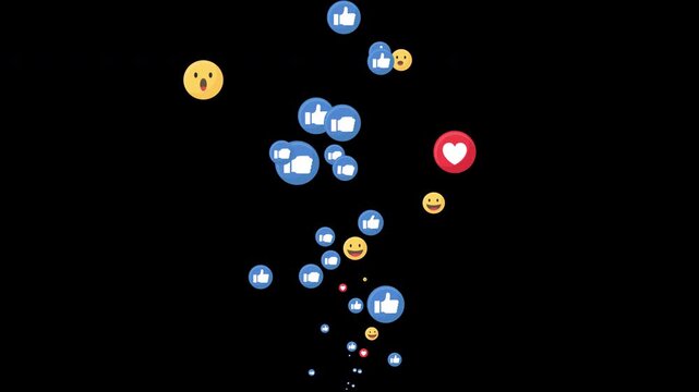 Floating animation of a like emoji icon for social media, isolated on a black background.