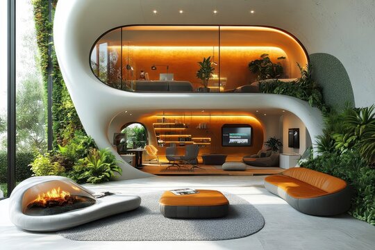 futuristic openplan office with floating holographic workstations living plant walls and a central collaborative pod sleek curved surfaces and ambient lighting create a harmonious atmosphere