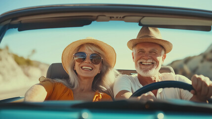 A joyful senior couple during a road trip. They are happily seated in their car, with a picturesque view of the open road and countryside behind them