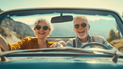 A joyful senior couple during a road trip. They are happily seated in their car, with a picturesque view of the open road and countryside behind them