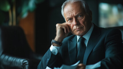 A businessman seated with a report in hand