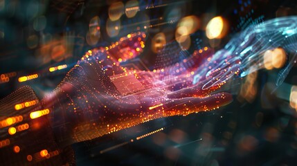 A woman's hand interacts with the metaverse, representing digital transformation for the next-generation tech era. 