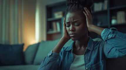 A young African woman in the lounge of her modern apartment, visibly suffering from a migraine