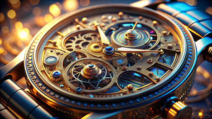 Obraz premium Delicate gears and mechanisms inside a golden watch shine, showcasing intricate craftsmanship and the marvel of engineering in ornate detail