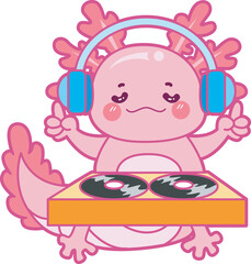 Illustration of cute axolotl activities icon.
Funny pink axolotl in daily routine stickers.