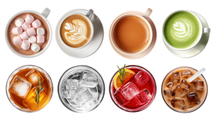 PNG Top view drinks set, transparent background
