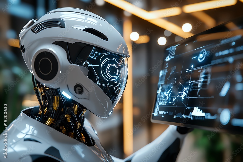 Aufkleber futuristic robot interacting with holographic displays in a modern office setting