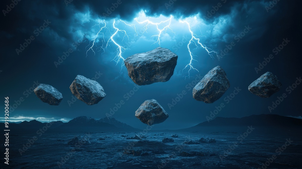 Poster lightning bolts arcing between giant floating rocks in a surreal landscape