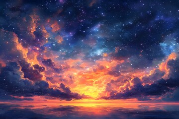 Fototapeta premium Starry Night Sky with Sunset and Clouds.