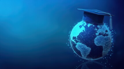 Abstract Earth with graduation cap on blue background symbolizing education technology, global learning concept, modern educational tools