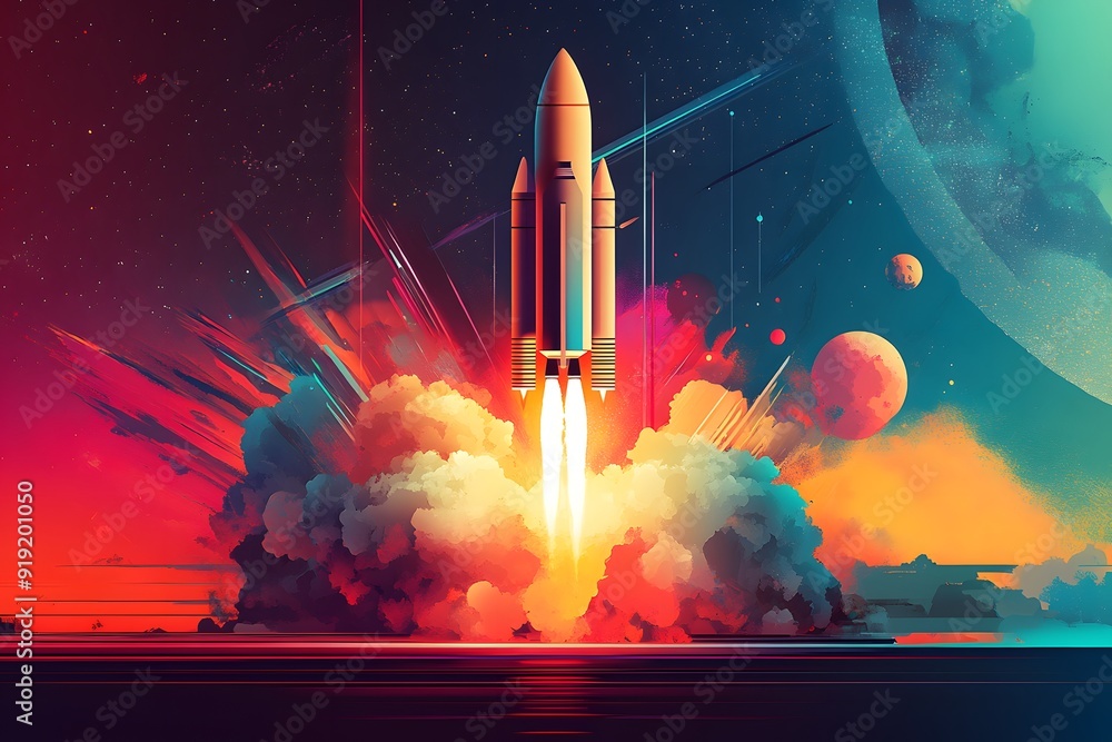 Aufkleber rocket launch into space with colorful nebula background.