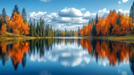 Obraz premium Autumnal Forest Reflecting in a Still Lake