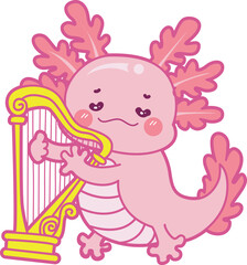 Illustration of cute axolotl activities icon.
Funny pink axolotl in daily routine stickers.
