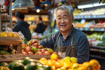 Cheerful senior grocer arranging fresh fruits at his small store, showcasing nutritious options for customers. Passionate about promoting a healthy lifestyle