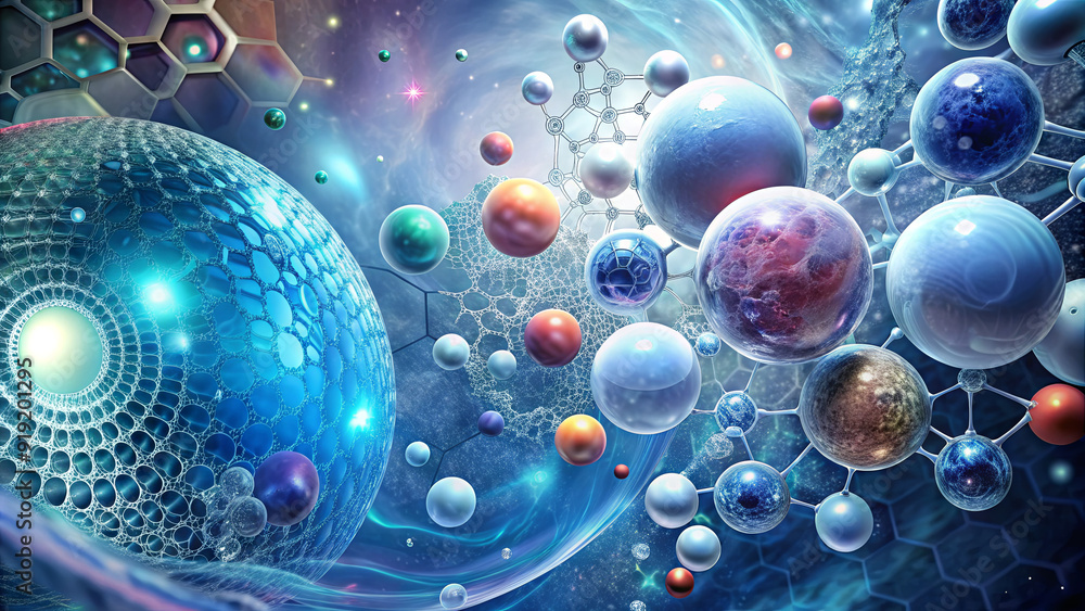 Poster a colorful display of celestial spheres and intricate molecular structures floats in a swirling cosm