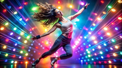 Energetic woman dancing in a studio with colorful lights.