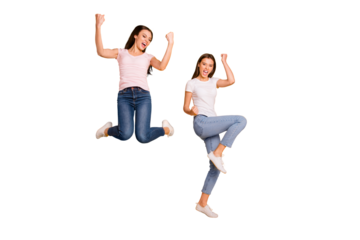 Full length body size view portrait of nice lovely attractive cheerful overjoyed satisfied slim fit thin straight-haired girls having fun rejoice isolated on bright vivid shine yellow background