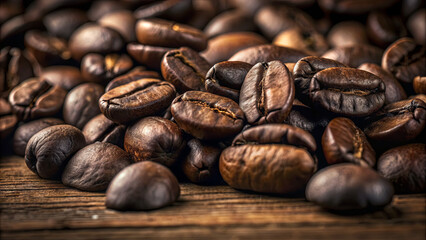 A collection of rich, dark roasted coffee beans rests on an aged wooden surface, showcasing their glossy texture and intricate shapes