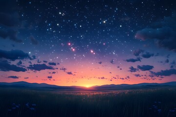 Starry Sky over a Grassy Field at Sunset.