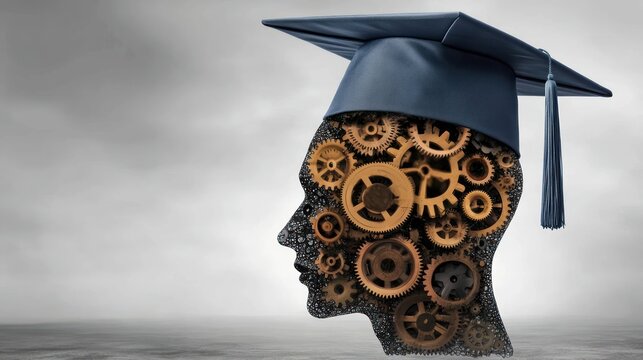 Human head made of gears wearing graduation hat symbolizing education technology, combining learning with machinery, innovative academic concept