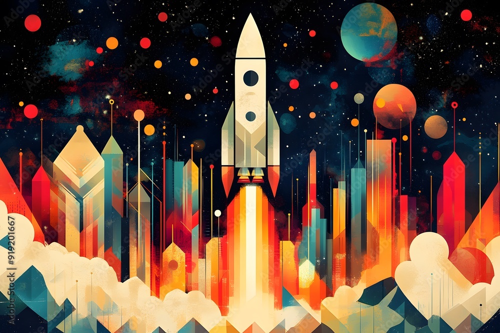 Poster rocket launch into the abstract universe.