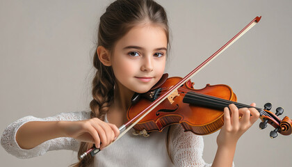 Cute girl playing violin on beige background in studio
