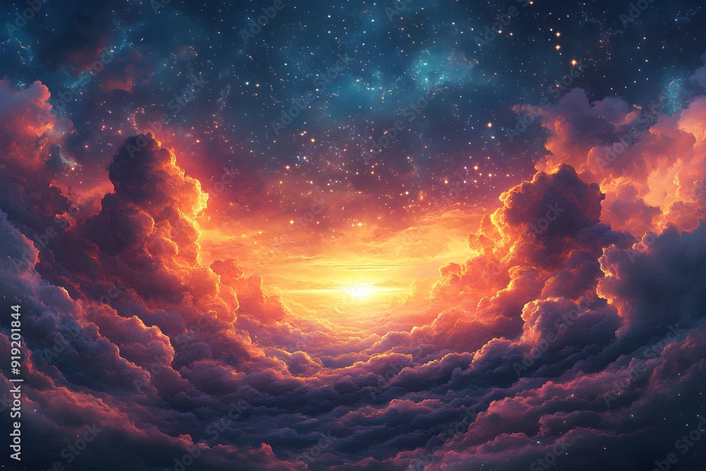 Poster celestial sunset above the clouds.