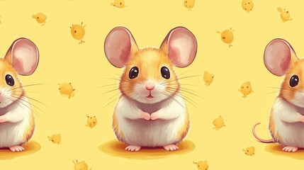 Adorable Cartoon Mouse with Big Eyes and Tiny Chickens on Yellow Background - Cute Animal Illustration for Kids