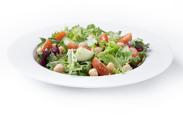 Healthy chickpea salad with tomato,lettuce and cucumber isolated on white backgroud