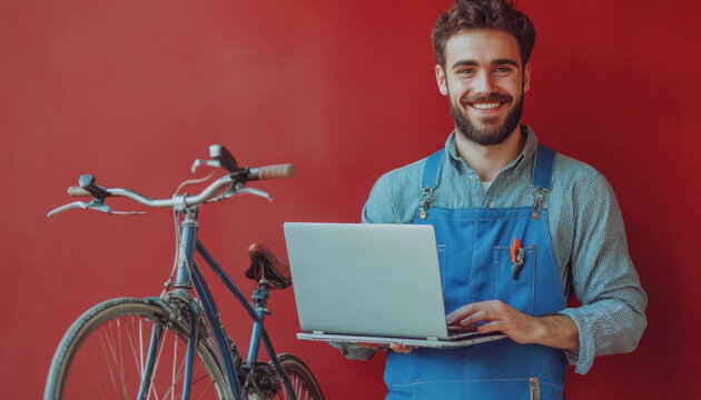 Smiling bicycle mechanic using laptop next to bike on red background