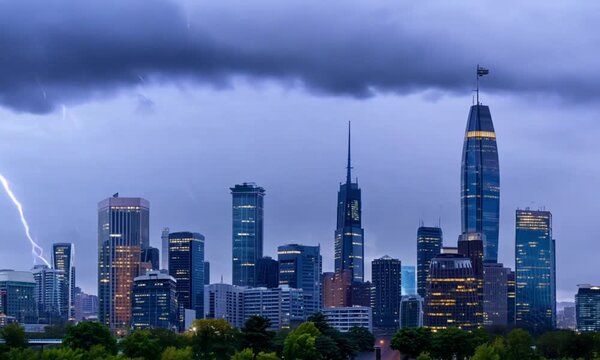Magnificent Lightning Display Over Skyland City at Night During Rain