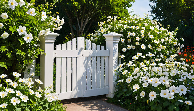 Portail blanc entour&eacute; de fleurs blanches dans un jardin