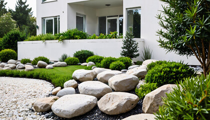 Jardin moderne avec aménagement de pierres