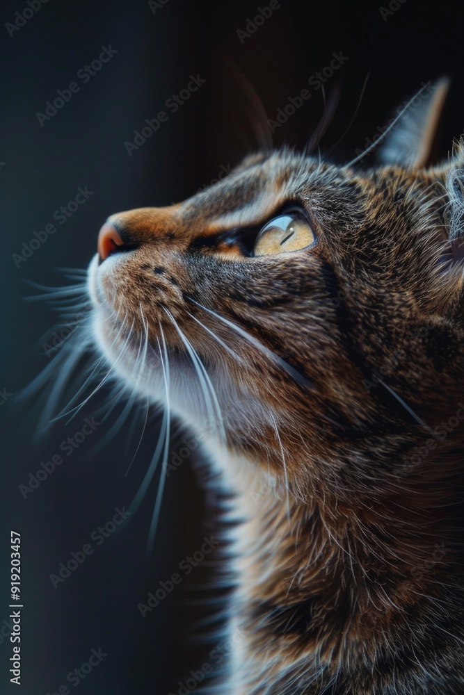 Poster a close-up view of a curious cat gazing upwards