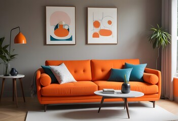 An orange sofa with white and gray throw pillows in a room with an orange accent wall and framed artwork