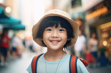 close up portrait standing in the street and happy.