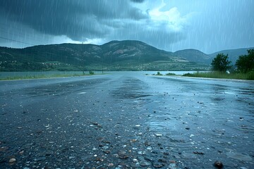 Rainy Day on Mountain Road with Stormy Sky and Wet Pavement - Scenic Nature Photography