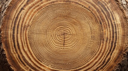 Naklejka premium Cross-section of a tree log featuring concentric rings and detailed wood grain, providing a natural and organic wallpaper texture.